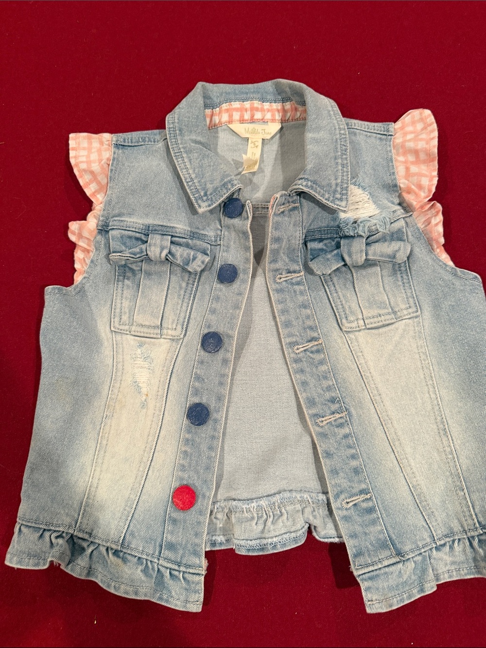 Matilda Jane Light Blue Denim Vest with Pink Ruffle Sleeves